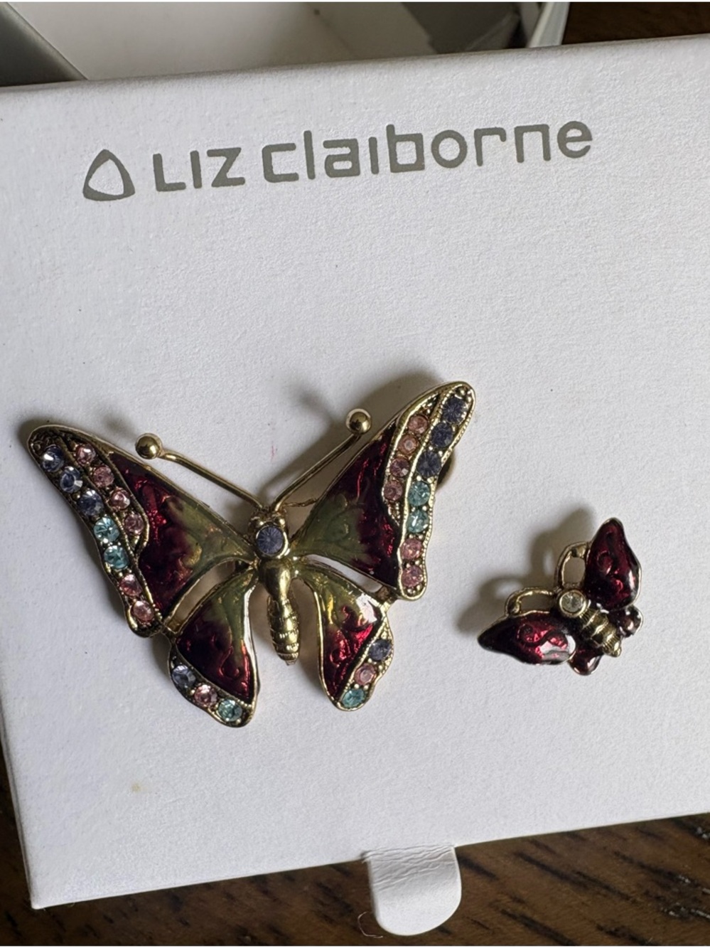 Liz Claiborne Gold-Tone Red Enamel Butterfly Brooch Set